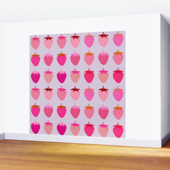 Les Fraises | 03 - Abstract Retro Fruit, Pink And Purple Print Preppy Strawberries Wall Mural Gallery Image 2