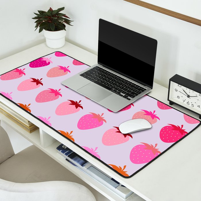 Les Fraises | 03 - Abstract Retro Fruit, Pink And Purple Print Preppy Strawberries Desk Mat Gallery Image 2