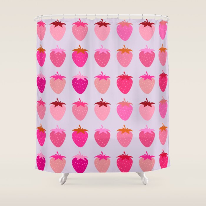 Les Fraises | 03 - Abstract Retro Fruit, Pink And Purple Print Preppy Strawberries Shower Curtain Gallery Image 1