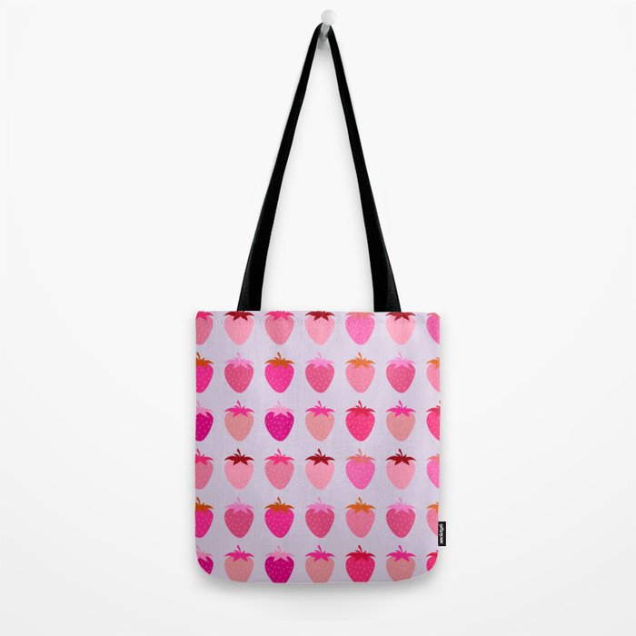 Les Fraises | 03 - Abstract Retro Fruit, Pink And Purple Print Preppy Strawberries Tote Bag Gallery Image 2