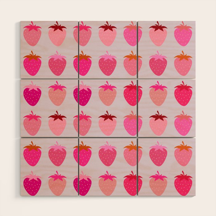 Les Fraises | 03 - Abstract Retro Fruit, Pink And Purple Print Preppy Strawberries Wood Wall Art Gallery Image 1