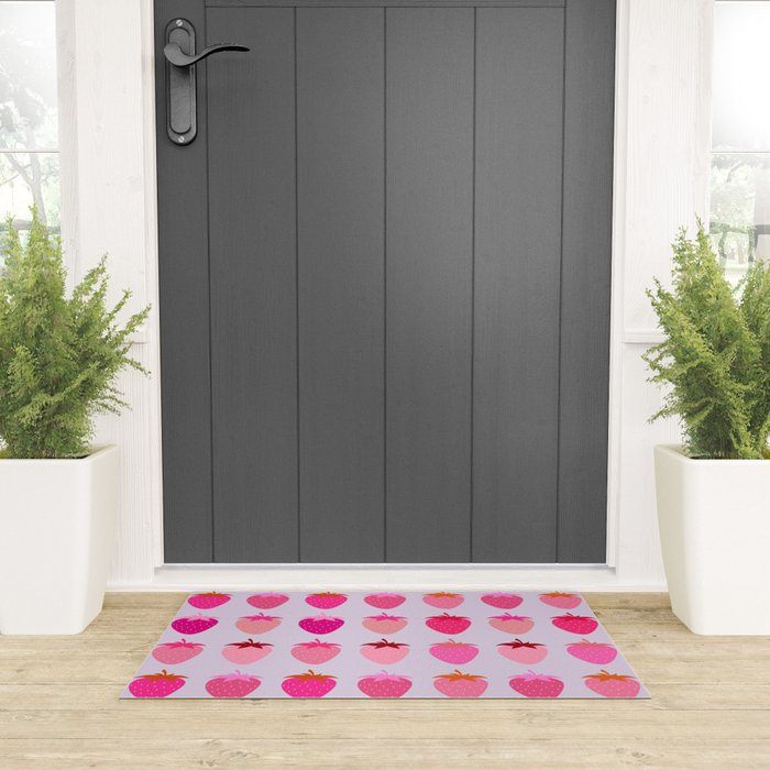 Les Fraises | 03 - Abstract Retro Fruit, Pink And Purple Print Preppy Strawberries Welcome Mat Gallery Image 3