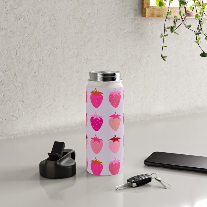 Les Fraises | 03 - Abstract Retro Fruit, Pink And Purple Print Preppy Strawberries Water Bottle Gallery Image 4