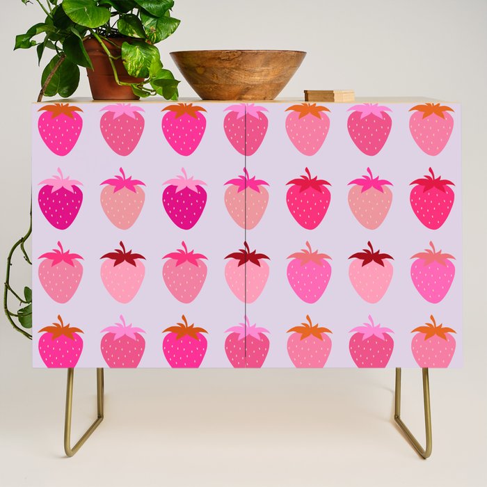 Les Fraises | 03 - Abstract Retro Fruit, Pink And Purple Print Preppy Strawberries Credenza Gallery Image 1