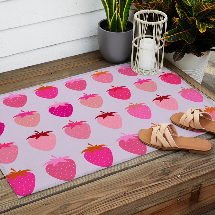 Les Fraises | 03 - Abstract Retro Fruit, Pink And Purple Print Preppy Strawberries Outdoor Rug Gallery Image 2