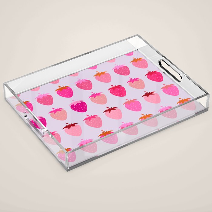 Les Fraises | 03 - Abstract Retro Fruit, Pink And Purple Print Preppy Strawberries Acrylic Tray Gallery Image 1