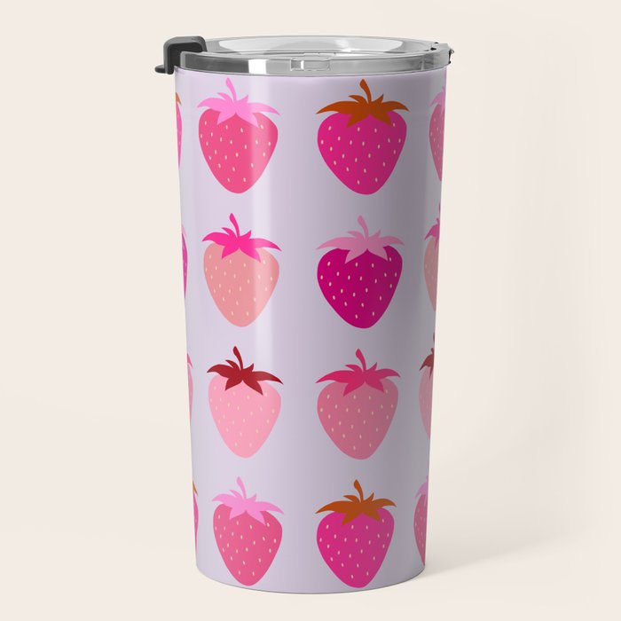 Les Fraises | 03 - Abstract Retro Fruit, Pink And Purple Print Preppy Strawberries Travel Mug Gallery Image 3