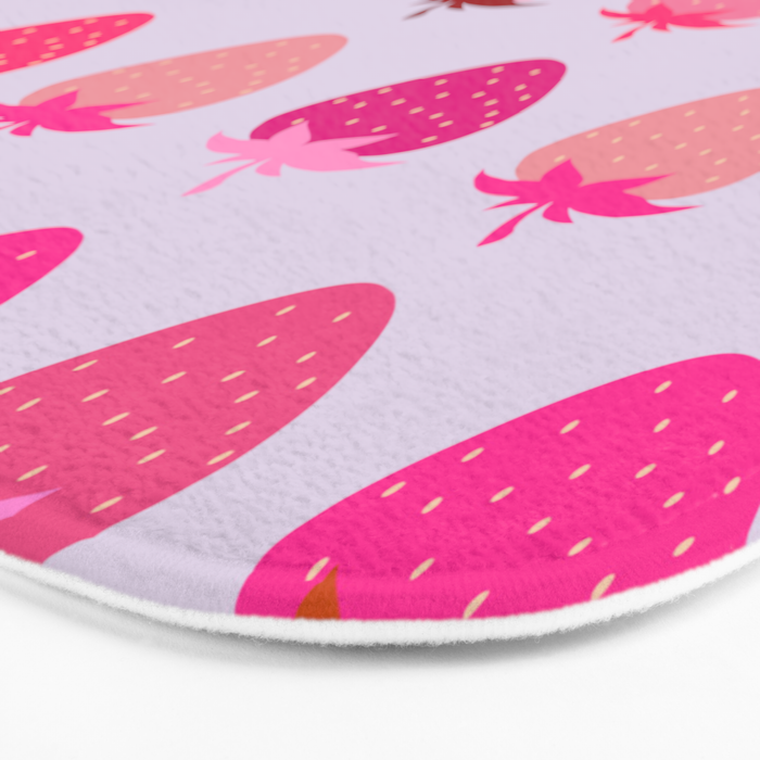 Les Fraises | 03 - Abstract Retro Fruit, Pink And Purple Print Preppy Strawberries Bath Mat Gallery Image 3
