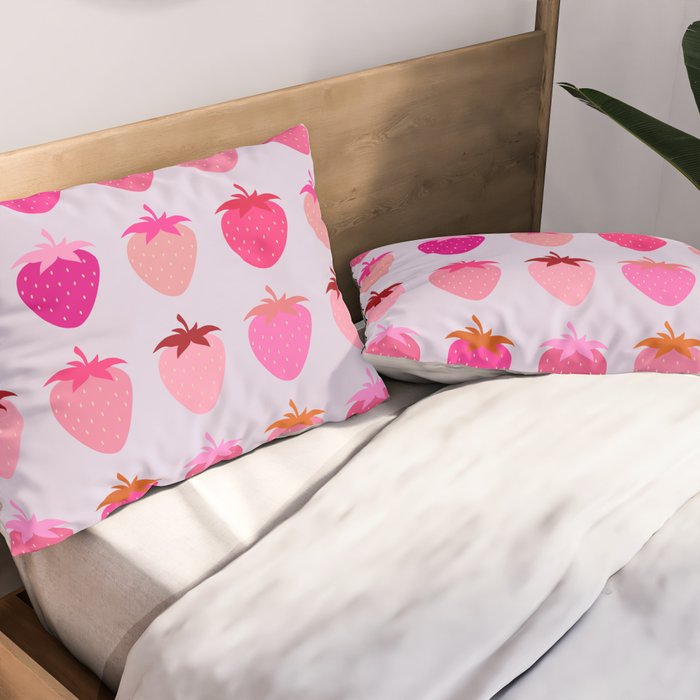 Les Fraises | 03 - Abstract Retro Fruit, Pink And Purple Print Preppy Strawberries Pillow Sham Gallery Image 2