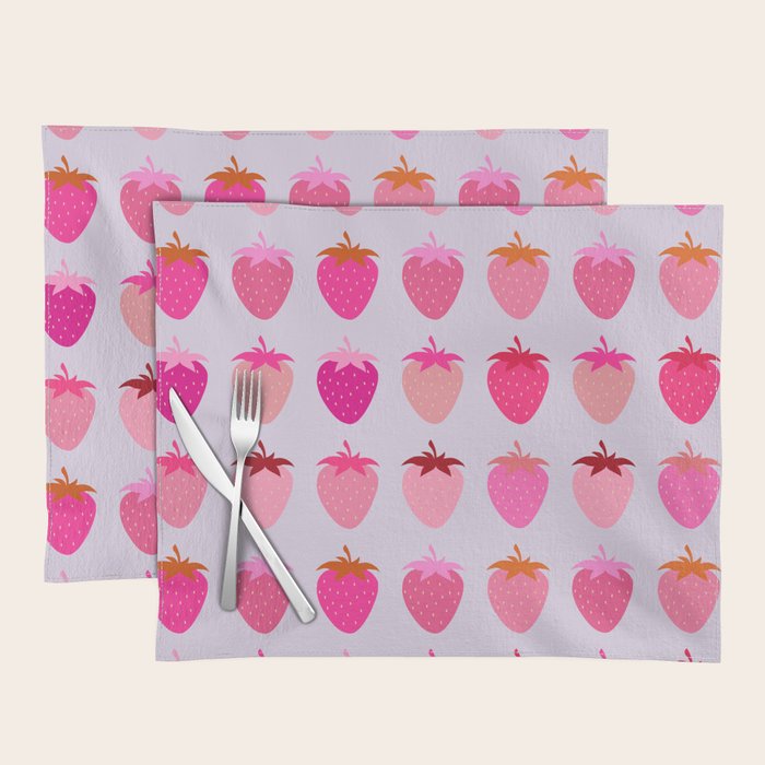 Les Fraises | 03 - Abstract Retro Fruit, Pink And Purple Print Preppy Strawberries Placemat Gallery Image 1