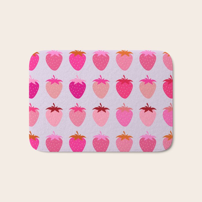 Les Fraises | 03 - Abstract Retro Fruit, Pink And Purple Print Preppy Strawberries Bath Mat Gallery Image 1