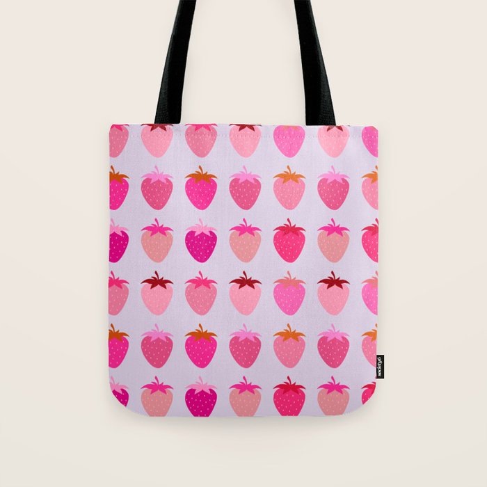 Les Fraises | 03 - Abstract Retro Fruit, Pink And Purple Print Preppy Strawberries Tote Bag Gallery Image 1