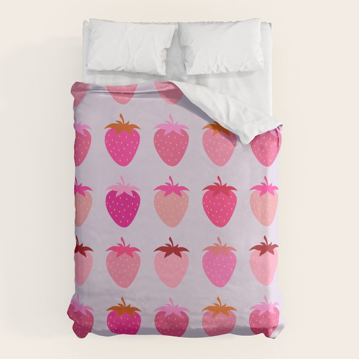 Les Fraises | 03 - Abstract Retro Fruit, Pink And Purple Print Preppy Strawberries Duvet Cover Gallery Image 6