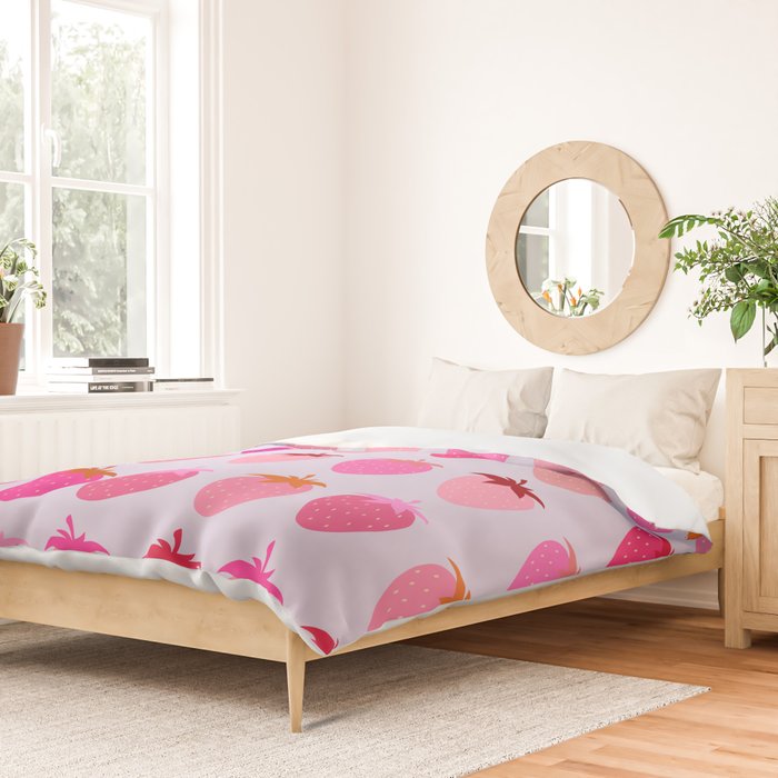 Les Fraises | 03 - Abstract Retro Fruit, Pink And Purple Print Preppy Strawberries Duvet Cover Gallery Image 2