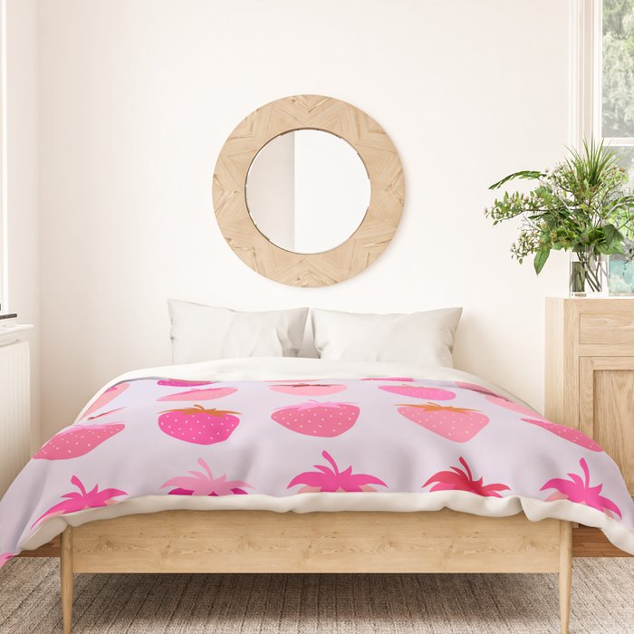 Les Fraises | 03 - Abstract Retro Fruit, Pink And Purple Print Preppy Strawberries Duvet Cover Gallery Image 3