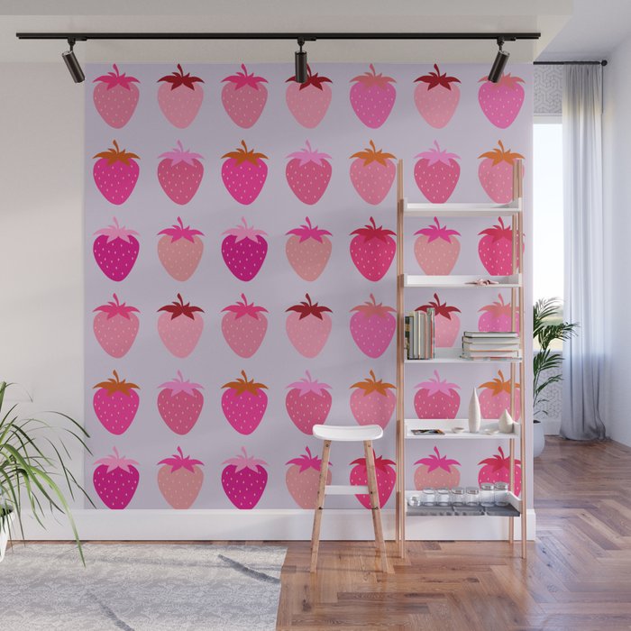 Les Fraises | 03 - Abstract Retro Fruit, Pink And Purple Print Preppy Strawberries Wall Mural Gallery Image 1