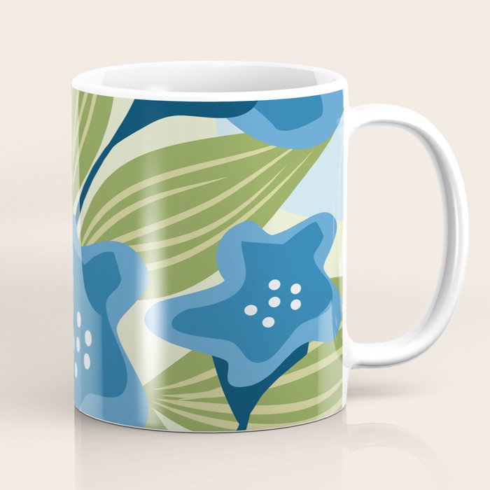 Blue Flowers and Green Leaves Coffee Mug Gallery Image 1