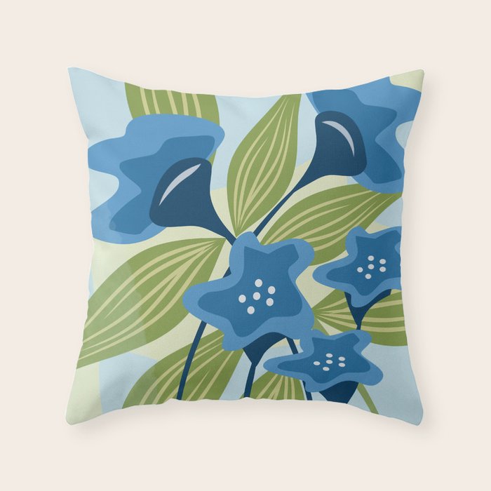 Blue Flowers and Green Leaves Throw Pillow Gallery Image 1