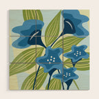 Blue Flowers and Green Leaves Wood Wall Art Gallery Image 1