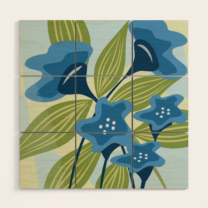 Blue Flowers and Green Leaves Wood Wall Art Gallery Image 1