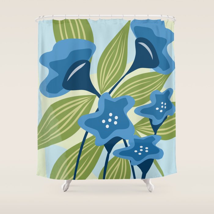 Blue Flowers and Green Leaves Shower Curtain Gallery Image 1
