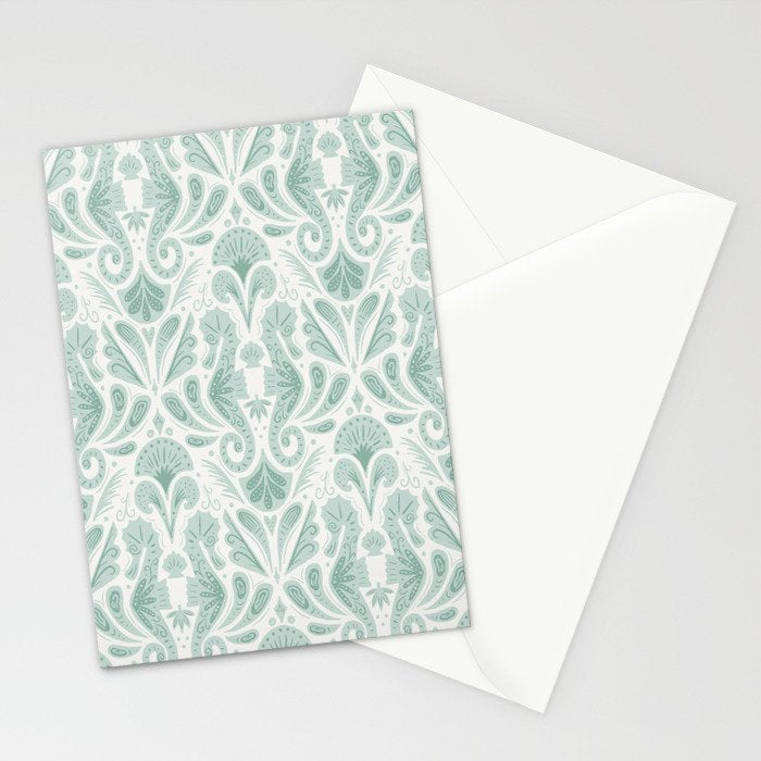 Seahorse Damask . Soft Aqua Stationery Card Gallery Image 2