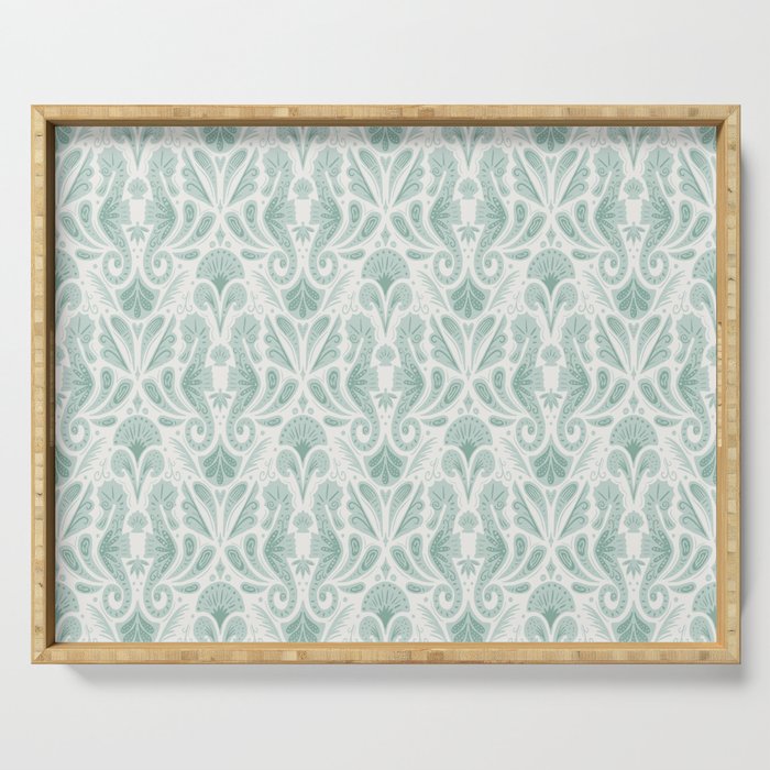 Seahorse Damask . Soft Aqua Serving Tray Gallery Image 1