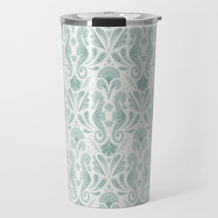 Seahorse Damask . Soft Aqua Travel Mug Gallery Image 1