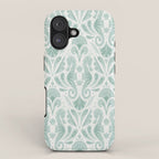 Seahorse Damask . Soft Aqua iPhone Case Gallery Image 1