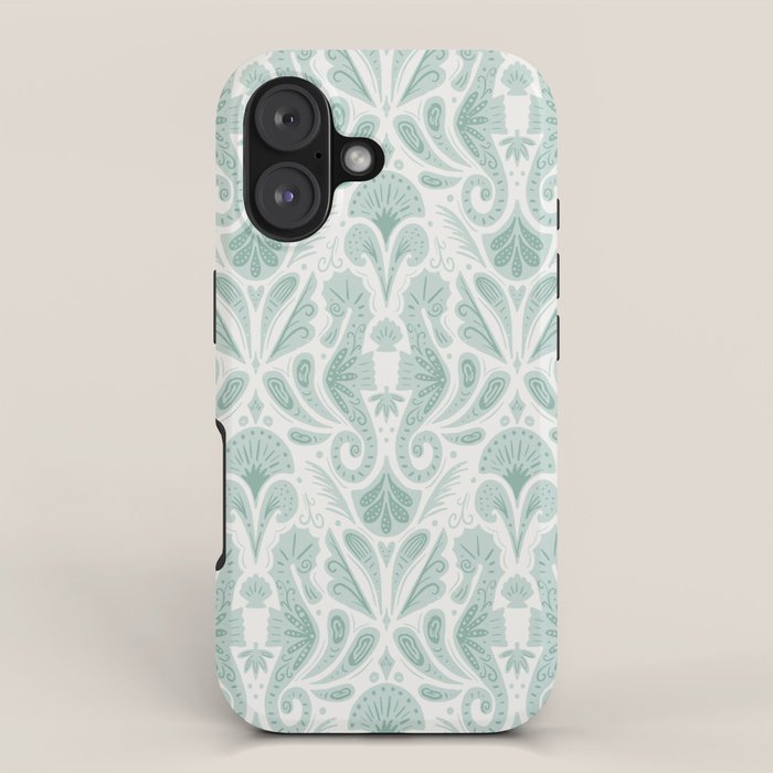 Seahorse Damask . Soft Aqua iPhone Case Gallery Image 1