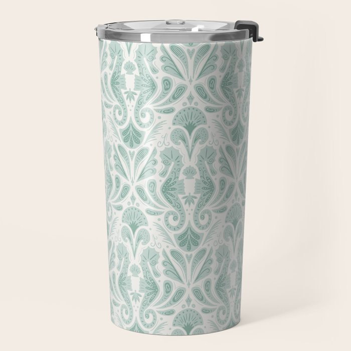 Seahorse Damask . Soft Aqua Travel Mug Gallery Image 2