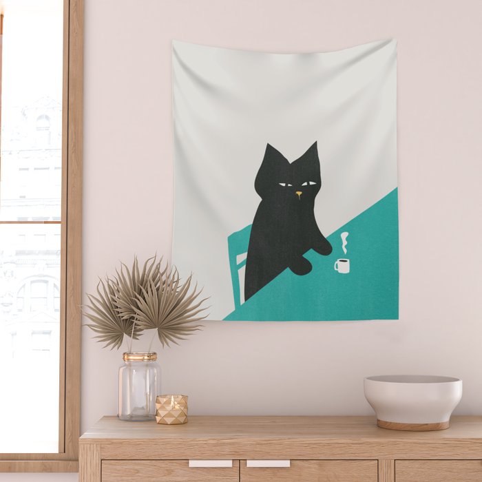 Cat drinking coffee Wall Tapestry Gallery Image 2