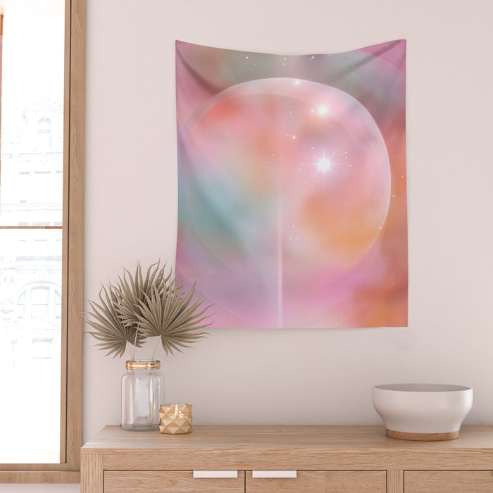 Boho Celestial Moon Abstract Cosmic Aura Art in Soft Pastels Wall Tapestry Gallery Image 2