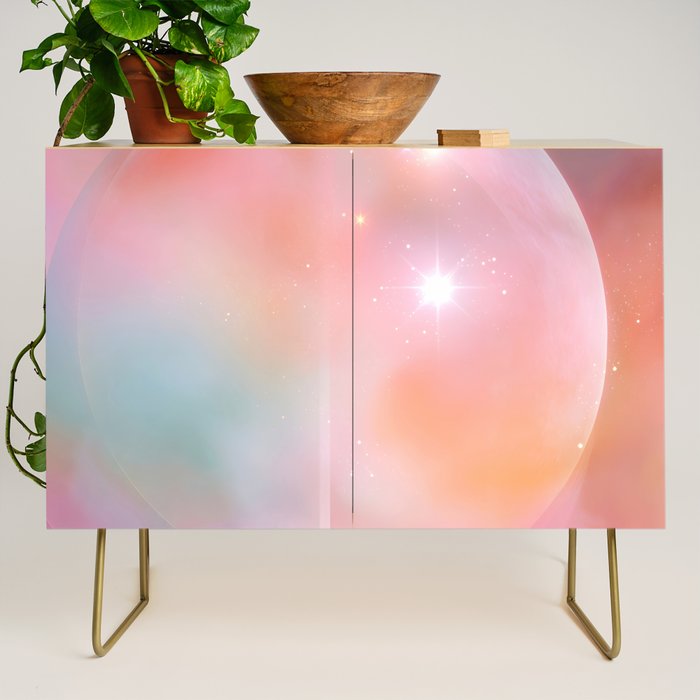 Boho Celestial Moon Abstract Cosmic Aura Art in Soft Pastels Credenza Gallery Image 1
