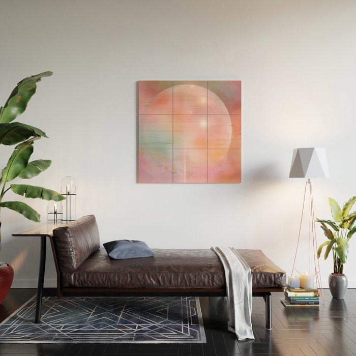 Boho Celestial Moon Abstract Cosmic Aura Art in Soft Pastels Wood Wall Art Gallery Image 2