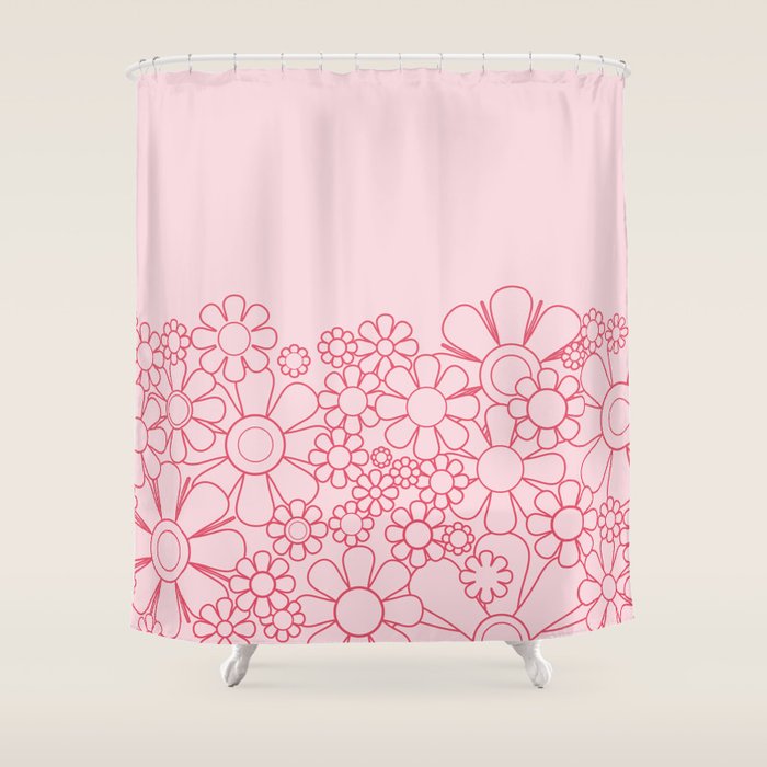 Pink Retro Garden Flower Cuff Minimal 60s Pastel Floral Shower Curtain Gallery Image 1