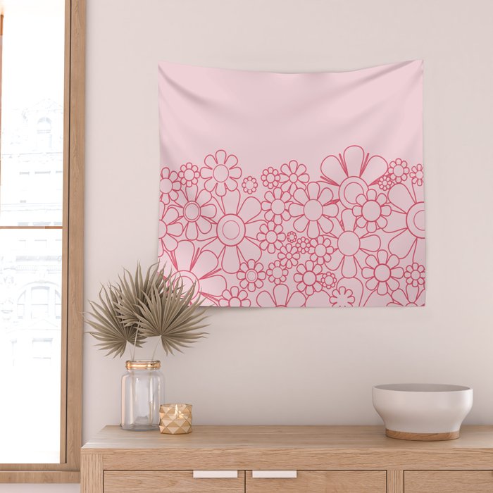 Pink Retro Garden Flower Cuff Minimal 60s Pastel Floral Wall Tapestry Gallery Image 2