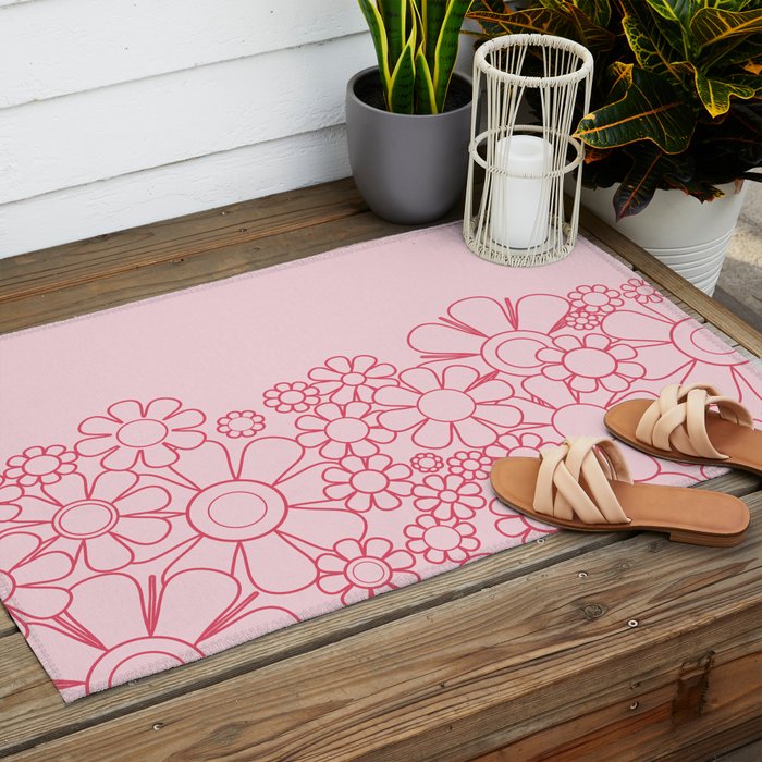 Pink Retro Garden Flower Cuff Minimal 60s Pastel Floral Outdoor Rug Gallery Image 2