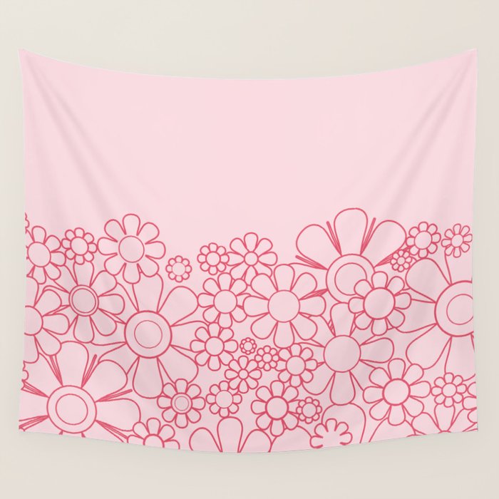 Pink Retro Garden Flower Cuff Minimal 60s Pastel Floral Wall Tapestry Gallery Image 4