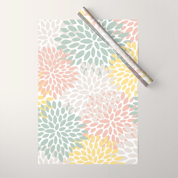 Festive, Abstract, Floral Prints, Coral, Green, Yellow Wrapping Paper Gallery Image 1