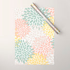 Festive, Abstract, Floral Prints, Coral, Green, Yellow Wrapping Paper Gallery Image 1