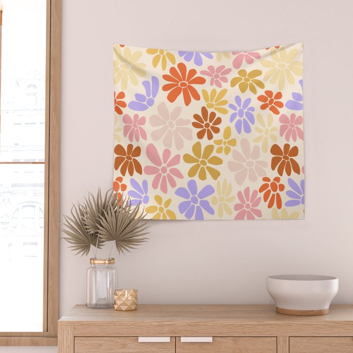 Retro Daisies - Rainbow Pastel Colors Wall Tapestry Gallery Image 2