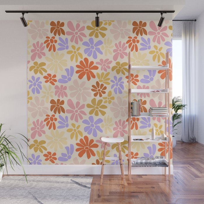 Retro Daisies - Rainbow Pastel Colors Wall Mural Gallery Image 1