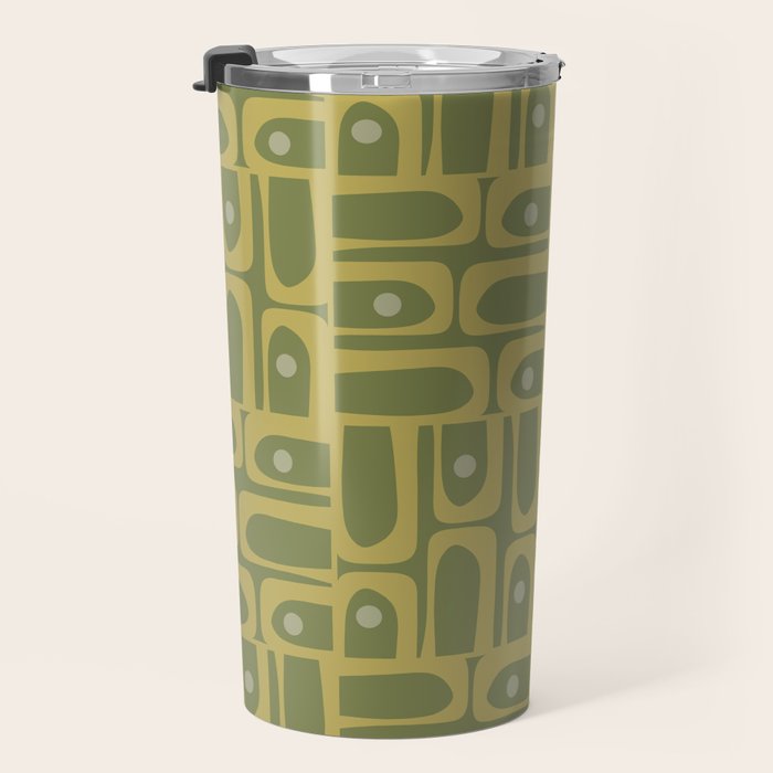 Mid Century Modern Piquet Geometric Multi Pattern in Vintage Olive Green Tones Travel Mug Gallery Image 3