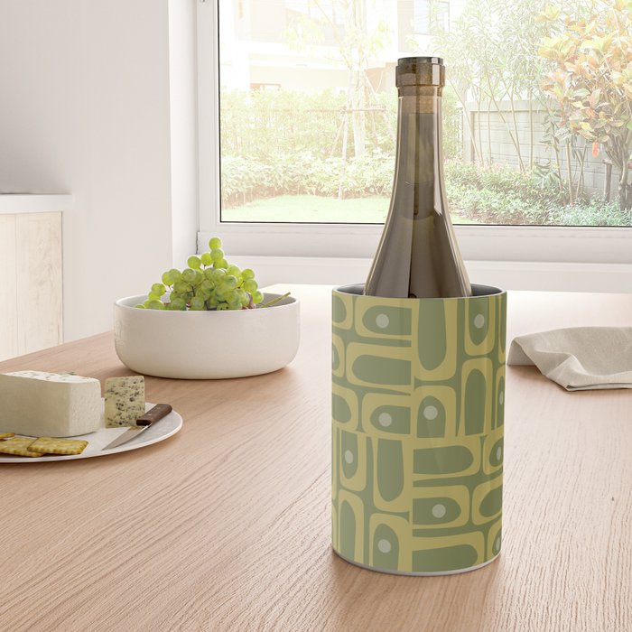 Mid Century Modern Piquet Geometric Multi Pattern in Vintage Olive Green Tones Wine Chiller Gallery Image 4
