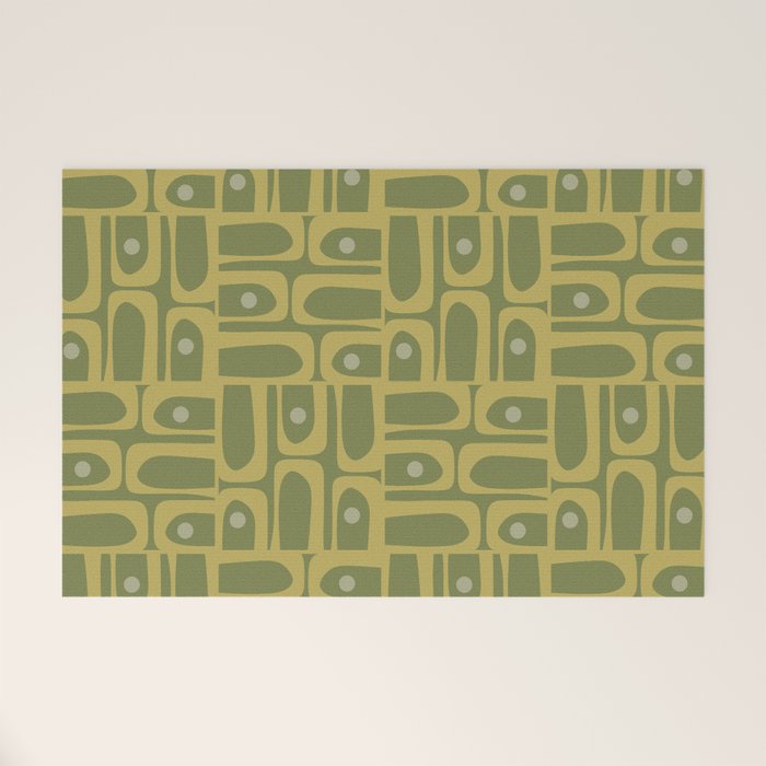 Mid Century Modern Piquet Geometric Multi Pattern in Vintage Olive Green Tones Welcome Mat Gallery Image 1