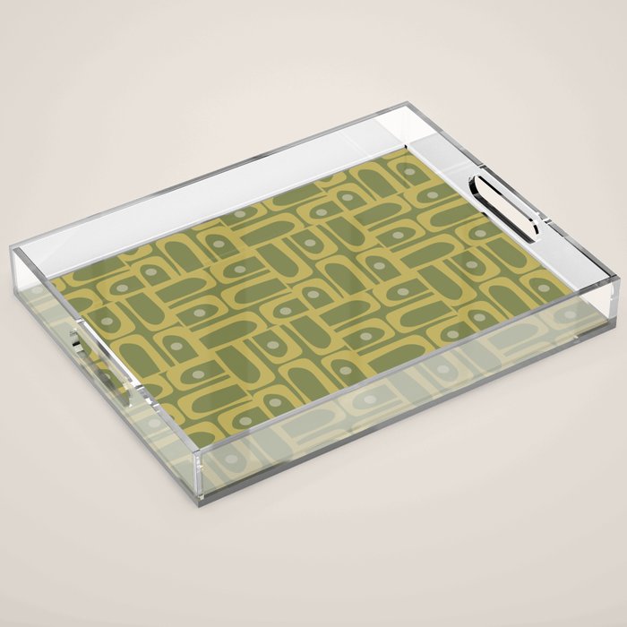 Mid Century Modern Piquet Geometric Multi Pattern in Vintage Olive Green Tones Acrylic Tray Gallery Image 1