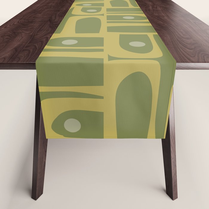 Mid Century Modern Piquet Geometric Multi Pattern in Vintage Olive Green Tones Table Runner Gallery Image 1