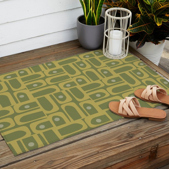 Mid Century Modern Piquet Geometric Multi Pattern in Vintage Olive Green Tones Outdoor Rug Gallery Image 2