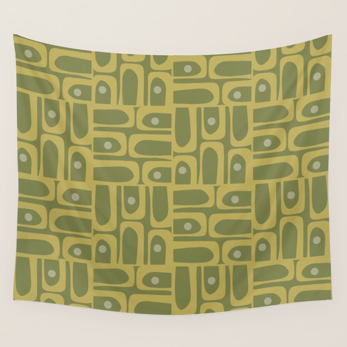 Mid Century Modern Piquet Geometric Multi Pattern in Vintage Olive Green Tones Wall Tapestry Gallery Image 4